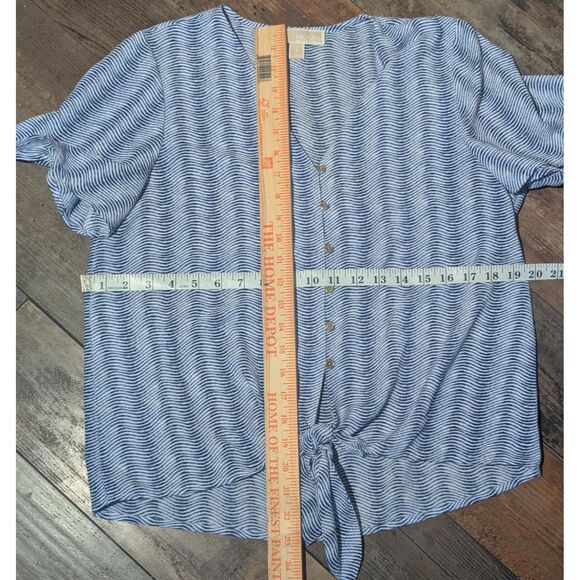 MICHAEL Michael Kors S Blue White Wave Print Tie Front Blouse - Picture 4 of 5